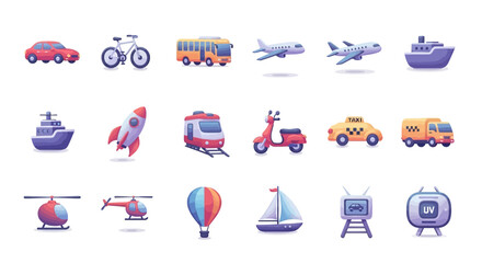 Collection of various transportation icons including cars, bicycles, buses, airplanes, ships, trains, scooters, taxis, helicopters, hot air balloons, and sailboats.