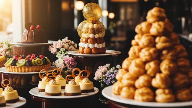 Elegant Dessert Display with Cakes and Pastries