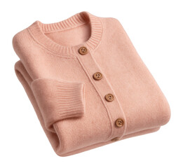 Folded pink sweater with buttons.