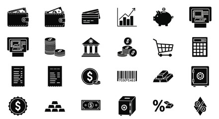 Fototapeta premium A comprehensive set of financial icons illustrating various economic concepts and banking services.