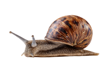 Close-up of a large snail, shell patterned with brown and gray