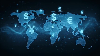 A digital world map with currency symbols indicating financial network connections - Powered by Adobe
