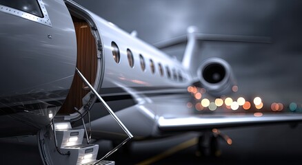Private jet on tarmac at night