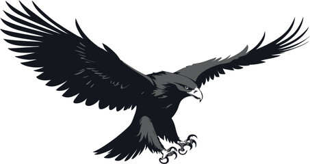 Fototapeta premium Eagle flying in the sky with wings spread in a black silhouette style