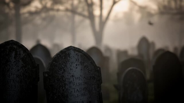 A misty graveyard with weathered headstones and silhouetted trees