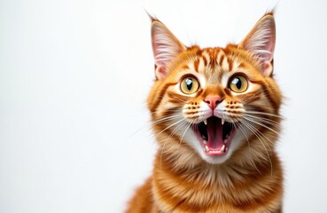 Ginger cat with wide yellow eyes, open mouth showing sharp teeth, pink tongue. Ears upright, attentive. Furry animal displays exaggerated surprised screaming facial expression against clean, solid