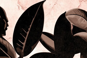 Dark, stylized leaves and figures on a blush pink marble background