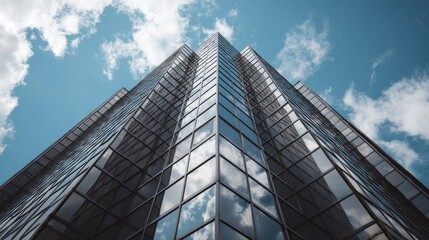 Obraz premium High definition photo of exterior of a tall generic corporate office building with square glass windows reflects the clouds.