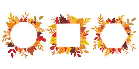  Round, square and polygonal frames with fall leaves border. Autumn foliage frame set. Blank shape for seasonal card, invitation, design, vector graphic