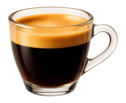 Fresh espresso coffee in a small glass cup with rich crema.
