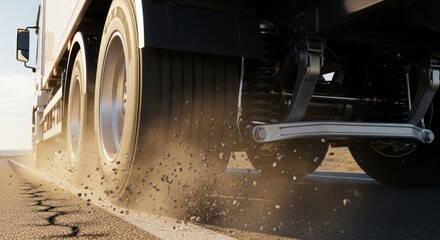 Commercial transport truck wheel detail during transport revealing motion and road debris
