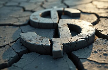 Cracked dollar sign symbol on dry cracked earth surface. Symbolizes economic downturn, financial instability, crisis, recession, market crash, bankruptcy, poverty and money loss.