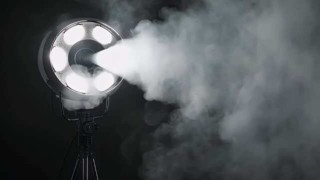 Spotlight Machine with Billowing Smoke on Dark Background Illuminating the Scene with Beam of Light for Atmospheric Effect