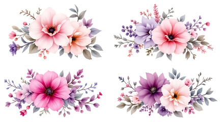 Obraz premium Watercolor blue and pink flower bouquet and leaves, isolated on transparent background.