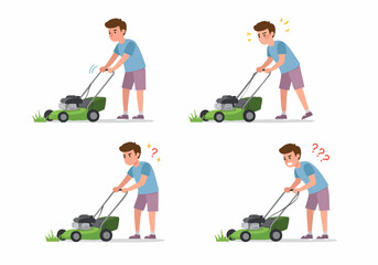Man experiencing issues with a malfunctioning lawnmower, showing frustration and confusion during yard work and home maintenance.