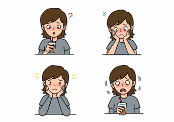 Young woman experiencing various reactions and discomforts, from surprise and worry to fatigue and dental sensitivity, while consuming a beverage, isolated vector illustration set.
