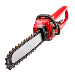 A rugged gas-powered chainsaw with orange casing on transparent png background. Ai generated