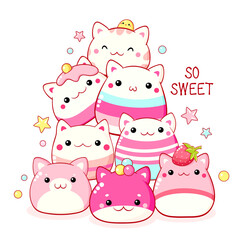 Stack of traditional Chinese animal-shaped mantou buns. Cute cat-shaped dessert in kawaii style. Inscription So sweet. Can be used for t-shirt print, sticker, greeting card. Vector illustration EPS8