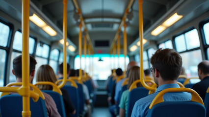 Passengers sitting in city bus with yellow handles in bright daylight interior