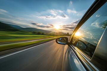 Obraz premium Road trip sunset view from car