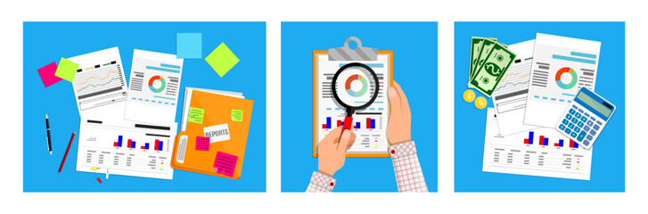 Business report collection set. Man analyze financial documents. Accounting, paperwork management, and market research concept.