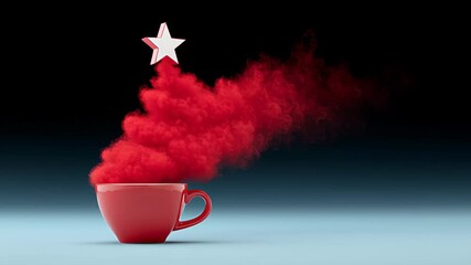 Red cup emitting vibrant red smoke with a star shape rising above, creating a whimsical visual effect, showcasing the enchanting transformation of steam into a playful, imaginative scene