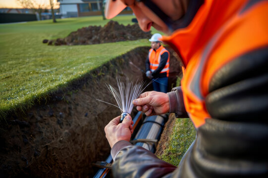 Fiber optic installation. A technician holding glowing optical fibers for a high-speed internet connection. - Powered by Adobe