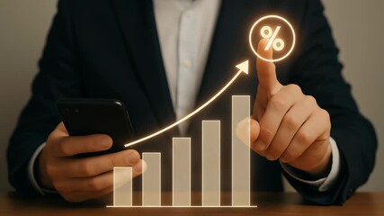 Long term investment concept showing businessman with smartphone and rising bar chart plus percentage graph indicating financial - Powered by Adobe