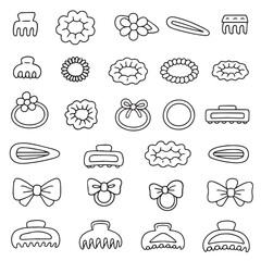Hair bands, hair clips, accessories and jewelry, a set of women's beauty and fashion in doodle style.