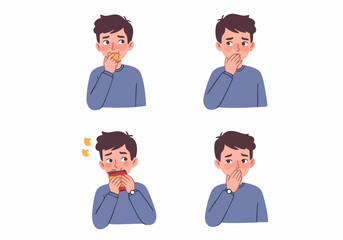 Illustration of a young man experiencing symptoms of food allergy or intolerance, showing discomfort, nausea, and stomach pain after eating snacks.