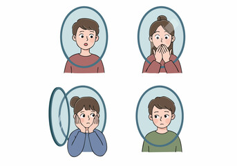 Diverse emotional expressions of young individuals within transparent personal bubbles, symbolizing protection, isolation, and connection