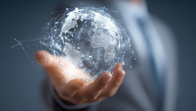 A hand holds a digital globe