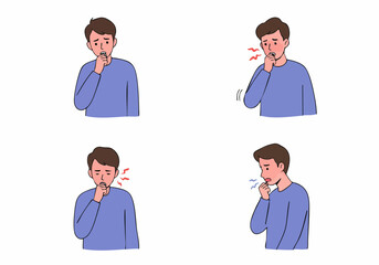 Illustration set of a man suffering from cough, sore throat, or respiratory illness symptoms, depicting discomfort and sickness.