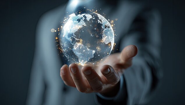 Hand holding a holographic representation of Earth