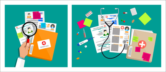 Physician or medical professional scrutinizing patient card and other health documents. Concept of healthcare management information system. © absent84