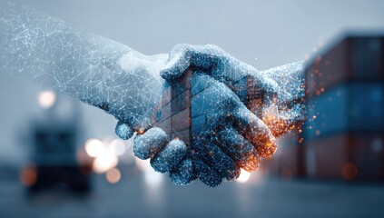 Digital hands shaking, holding a cube, in a blurred industrial setting