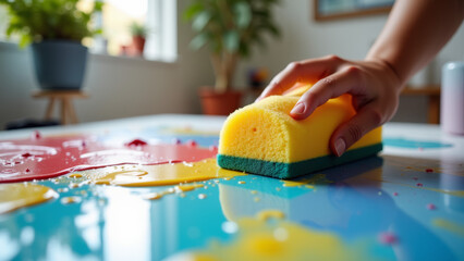 Hand holding yellow sponge wiping colorful painted table in cleaning action