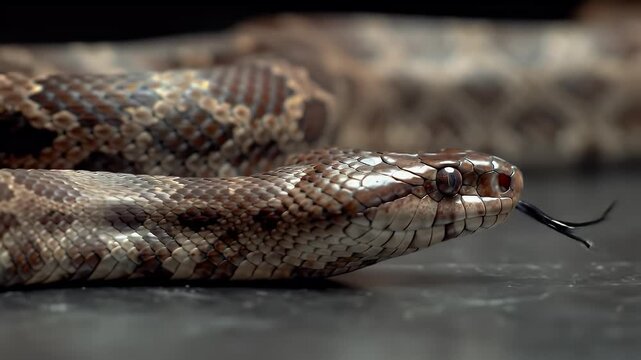 Close-up of a snake's head with intricate patterns, flicking its forked tongue