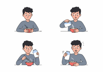 Man discovers his milk is spoiled while preparing breakfast cereal, showing a sequence of disappointment and disgust.