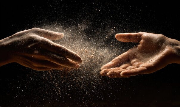 Two hands exchanging a flurry of light brown particles
