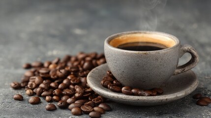 Fototapeta premium High definition photo of cup of hot espresso and coffee beans on a grey background.