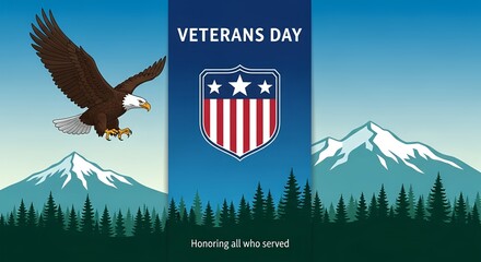 Veterans Day tribute illustration with a majestic bald eagle flying over a mountain landscape
