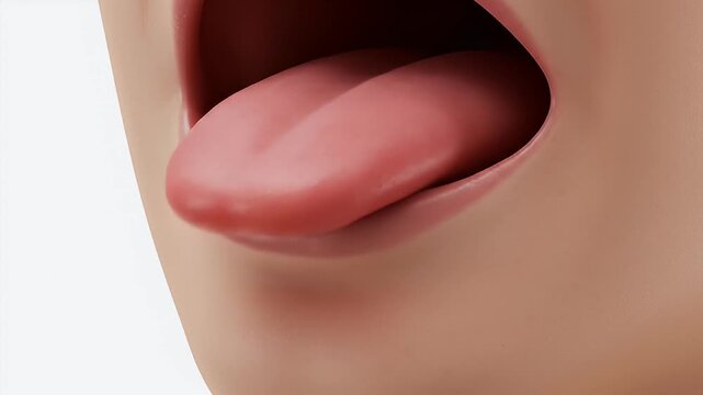 Close-up rendering of an open mouth with a large, extended pink tongue
