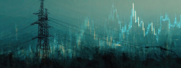 Abstract cityscape with power lines and a financial chart overlay. Foggy, teal-toned