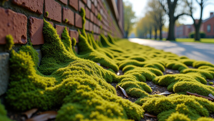 Green moss growing along red brick wall in moist shaded corner of school yard