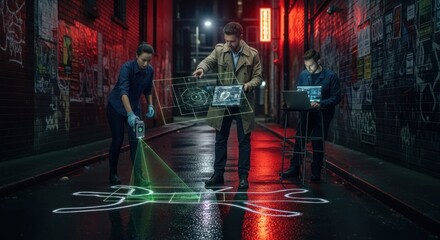 Forensic investigators at crime scene with holographic technology gathering evidence