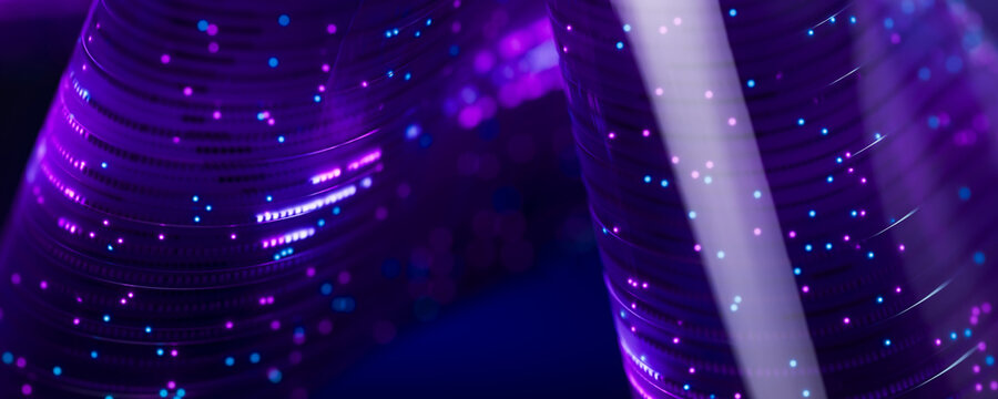 3d neon data stream in optical fiber with quantic flow and glowing effect