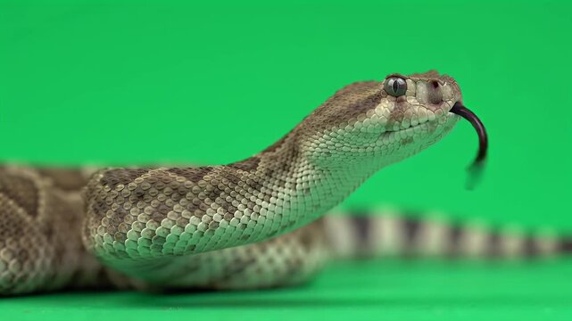 Rattlesnake with Flicking Tongue on Green Screen Background