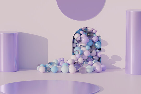 Pastel 3D marbles and spheres spilling from door in abstract scene