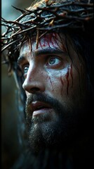 Portrait of Jesus Christ with a look of despair, wearing a crown of thorns, in a high-detail, photo-realistic style, Generative AI